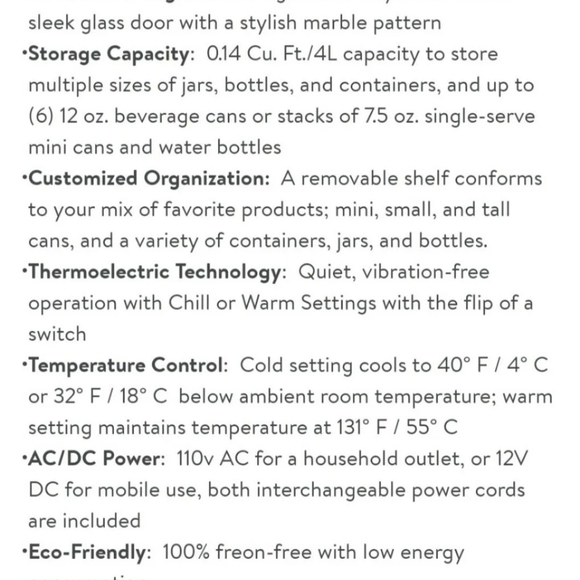 Mini Fridge Small Space Cooler Warmer 6 Can White Marble Finish Home Auto Beauty - Picture 12 of 12